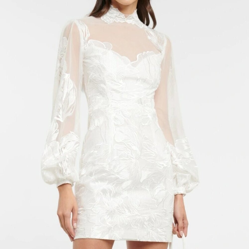 NWT Costarellos Tayla Embroidered Tulle Minidress White Puff Sleeves FR36 / US 4